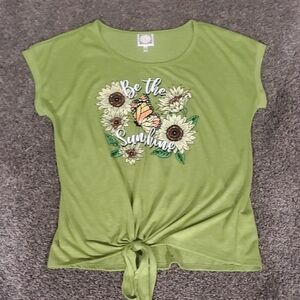 Olive Green Women's Tee with Sunflower and Butterfly Design